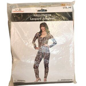 Womens Leopard Print Jumpsuit L 12/14 Halloween Costume Long Sleeve Stretch Fit